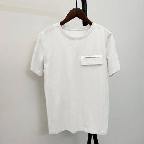 Casual Solid T-shirts Women Fake Pocket O-Neck Cotton Short Sleeve