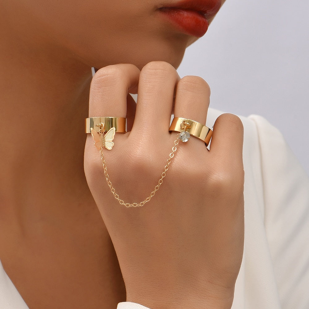 Simple Heart Pendant Chain Link Connected Gold Metal Wide Finger Ring Bracelets