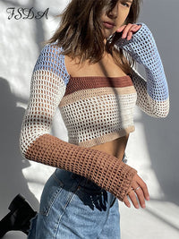 Knitted Long Sleeve Crop Top Patchwork Vintage Casual T Shirts