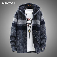 Winter Fleece Warm Sweater Men Hooded Cardigan Striped Slim Sweaters