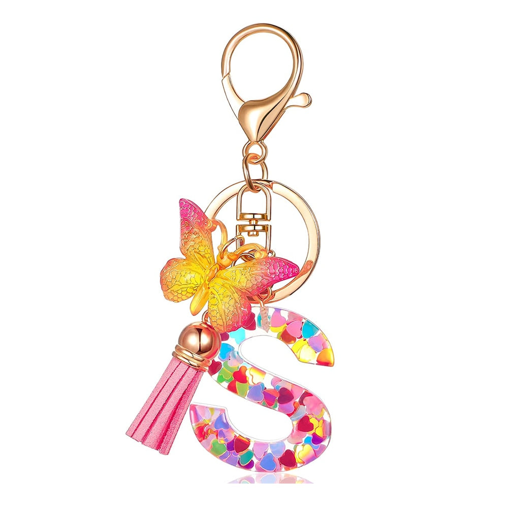 Acrylic Butterfly Letter Keychains English Alphabet Crystal Women Key Chains