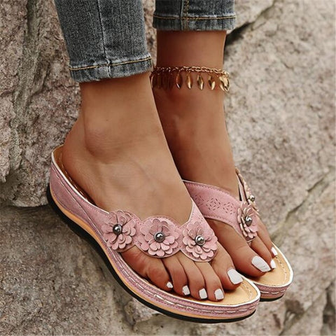 Slippers Women Summer PU Sewing Thong Sandals Vintage