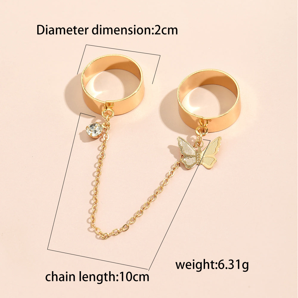 Simple Heart Pendant Chain Link Connected Gold Metal Wide Finger Ring Bracelets