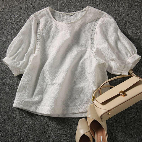 FashionLantern Sleeve Loose Shirts Embroidery Cotton Lace O-neck Casual Blouses