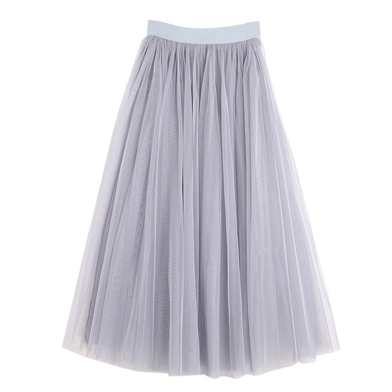 Vintage Tulle Skirt Women Elastic High Waist  3 Layers  A-line Pleated Mesh