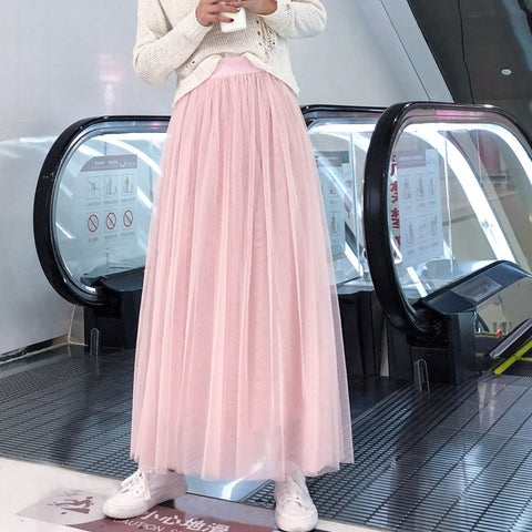 Vintage Tulle Skirt Women Elastic High Waist  3 Layers  A-line Pleated Mesh