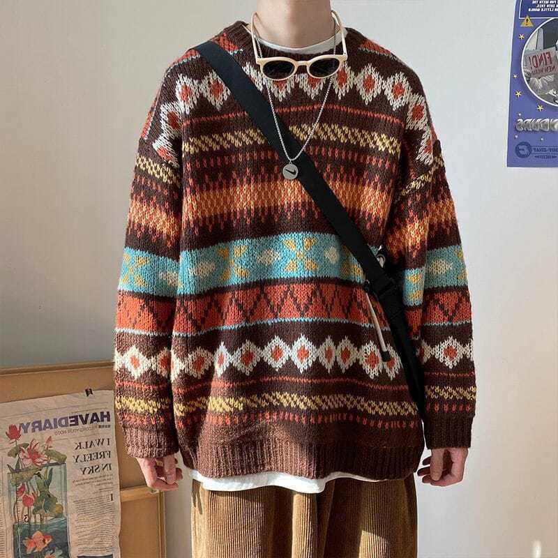 Knitted Vintage Graphic Sweater with Pattern Brown Blue Pullovers Sweaters and Jumpers Korean Streetwear