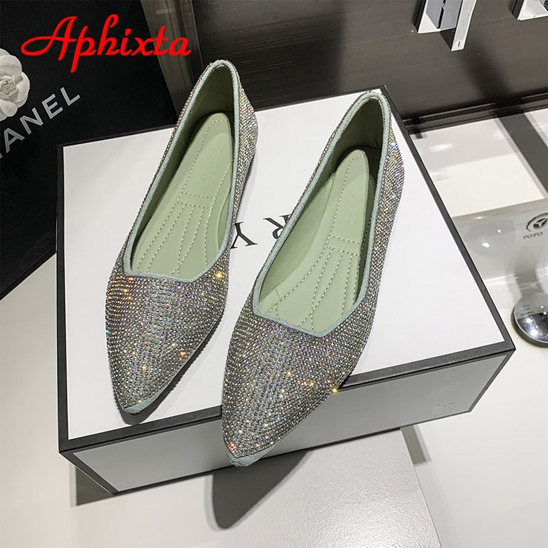 Crystals Loafers Women Soft Flat Heel Shoes Pointed Toe Female Ladies Slip On