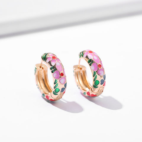 Vintage Enamel Flower Small Hoop Earrings Trendy Geometric Statement