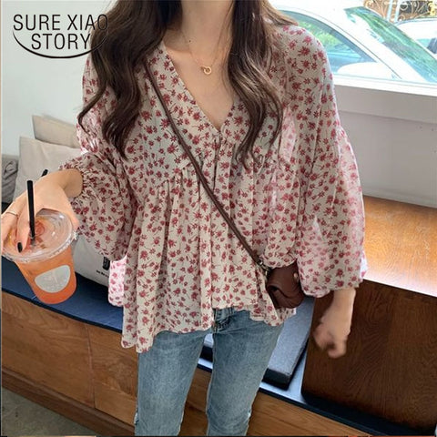 V-neck Chiffon Shirt Women Sweet Tops Blouse