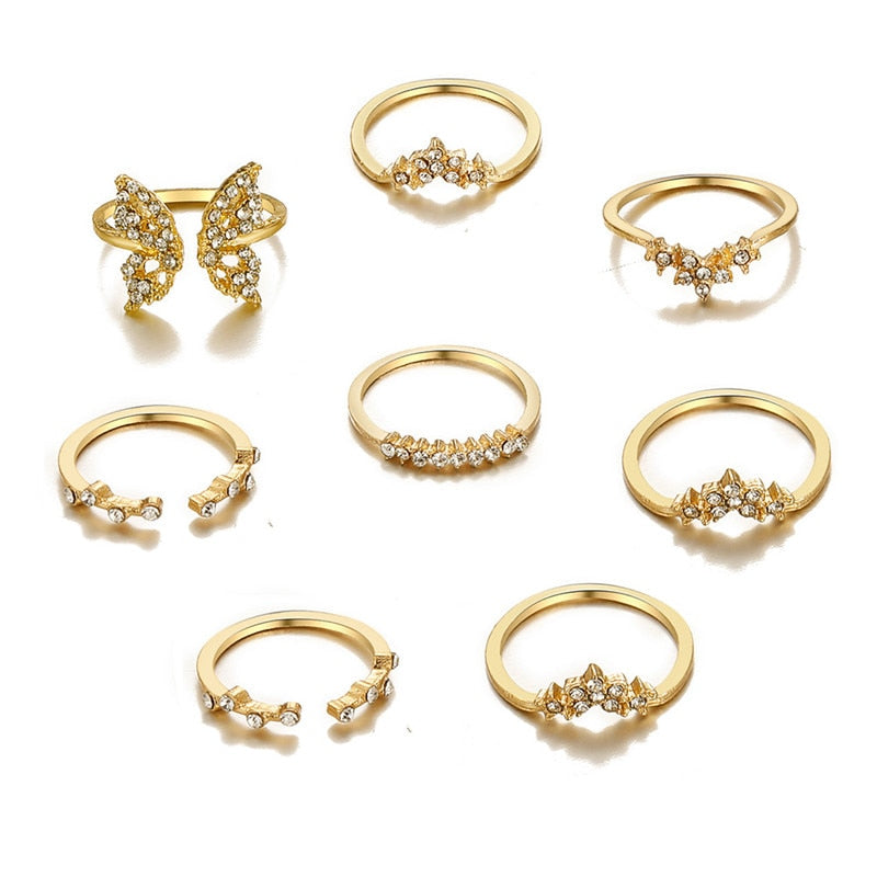 Vintage Bohemian Butterfly Sets Zircon Flower Leaf Open Rings