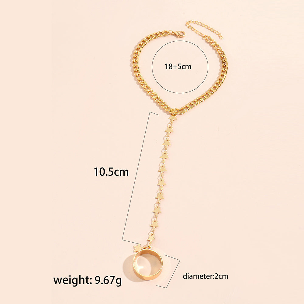 Simple Heart Pendant Chain Link Connected Gold Metal Wide Finger Ring Bracelets