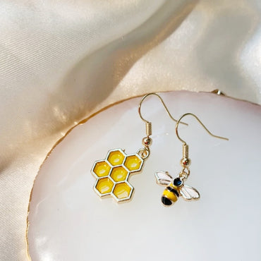 Cool Quirky  Bee Earrings with Yellow Honey Comb / Mismatch Earrings