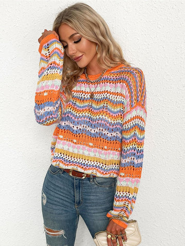 Aprms Multi Color Blocked Knitted Pullover Women Summer Casual Flare Sleeve