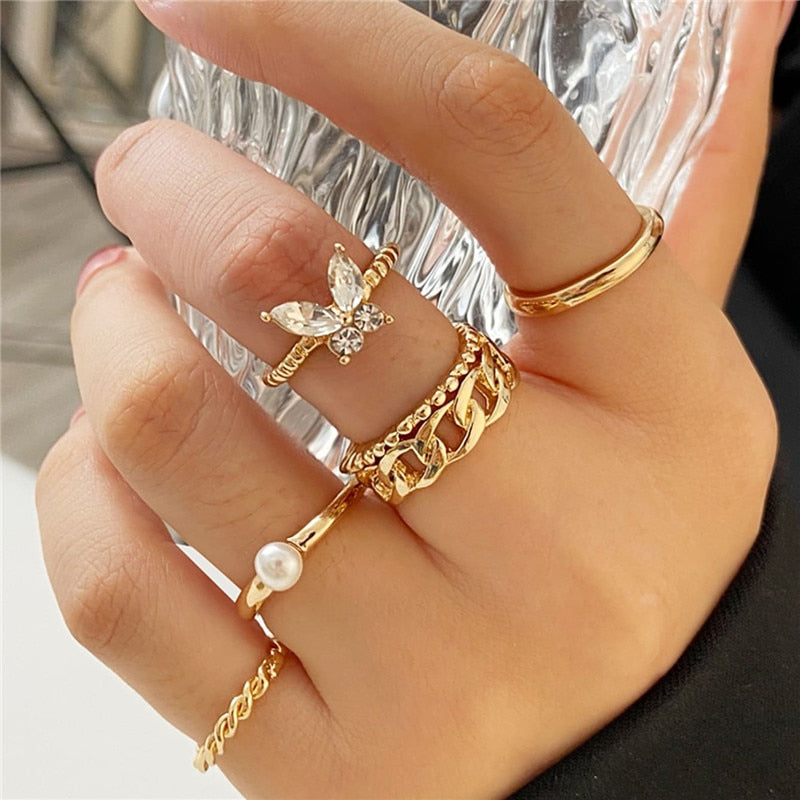 Vintage Bohemian Butterfly Sets Zircon Flower Leaf Open Rings