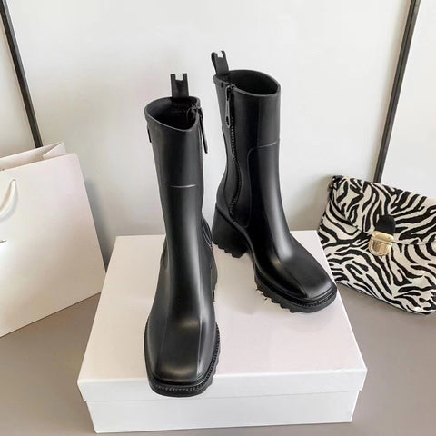 Winter Rain Boots Female Luxury Low Heels Ankle Boots Original Mid Calf