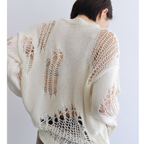 Style Long-sleeved Hole Sweater Asymmetric Hem Loose Pullover