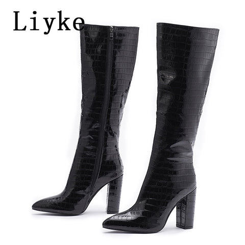 Pointed Toe Zip Knee High Boots Fashion Pink Snake Print Square Heels