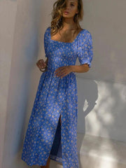 Puff Short Sleeve Women Summer Midi Dress Vintage