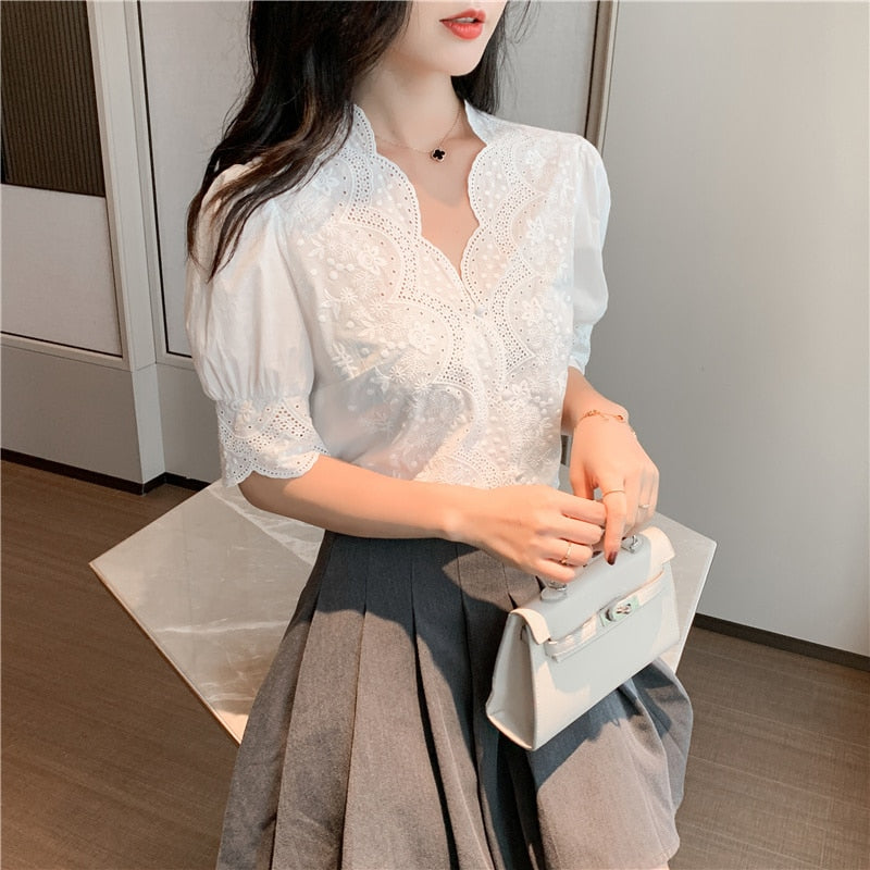 Casual White Tops Embroidery Lace Spring Femme Shirt