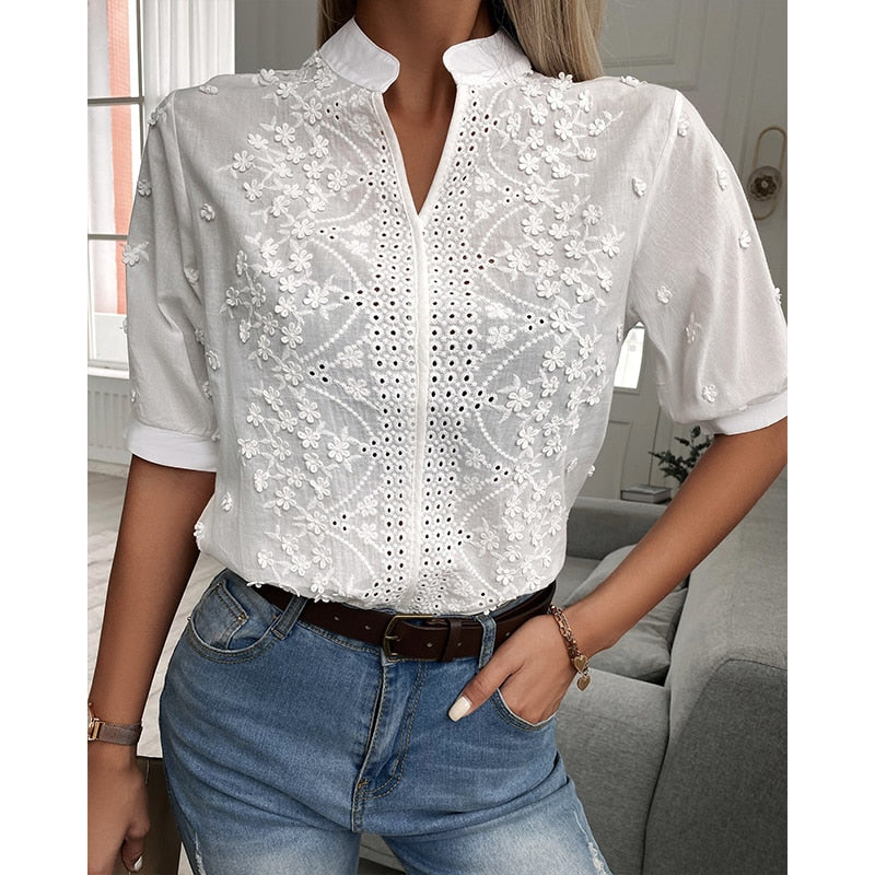 Chic Solid Hollow-out V Neck Lace Blouse Floral Patterns Embroidery