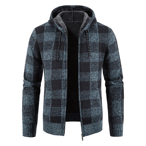 Autumn Winter Thick Cardigan Plaid Sweater Hooded Fashion