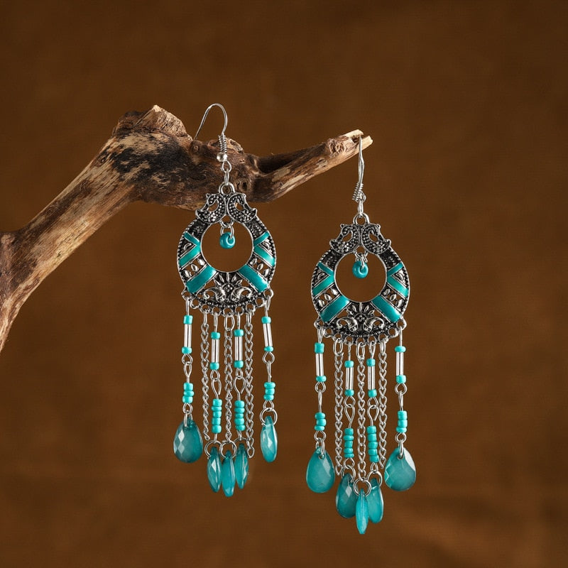 Bohemian Antique Gold Plated Long Water Drop Tassel Earrings