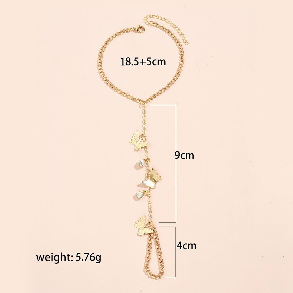 Simple Heart Pendant Chain Link Connected Gold Metal Wide Finger Ring Bracelets