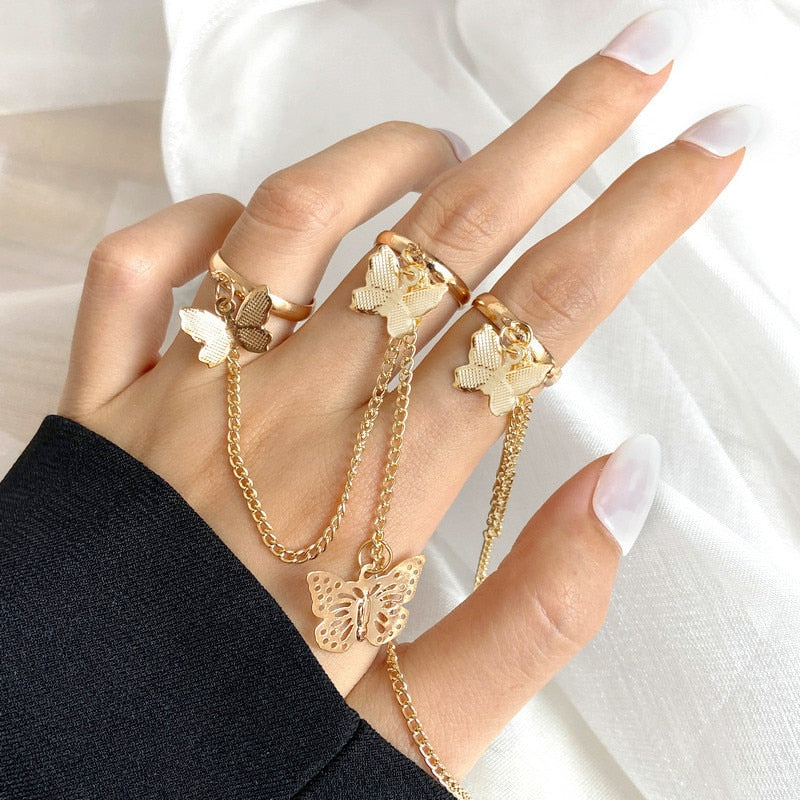 Vintage Bohemian Butterfly Sets Zircon Flower Leaf Open Rings