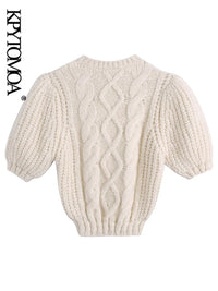 Fashion Cable-Knit Cropped Sweater Vintage O Neck Pullovers Chic Tops