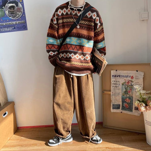 Knitted Vintage Graphic Sweater with Pattern Brown Blue Pullovers Sweaters and Jumpers Korean Streetwear