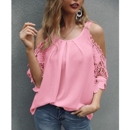 Chic Solid Hollow-out V Neck Lace Blouse Floral Patterns Embroidery