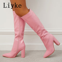 Pointed Toe Zip Knee High Boots Fashion Pink Snake Print Square Heels