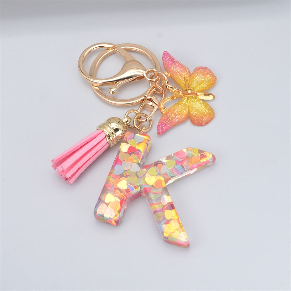 Acrylic Butterfly Letter Keychains English Alphabet Crystal Women Key Chains