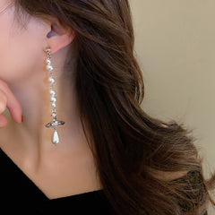 Shiny Rhinestone Imitation Pearl Long Tassel Earring