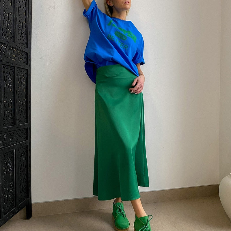 Women High Waisted Skirt  Silk Satin Skirts  A-Line Elegant Skirts