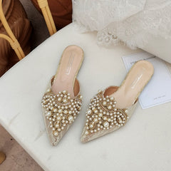 Shoes Elegant Beaded Crystal Lace Patchwork One Pedal Stiletto Slippers