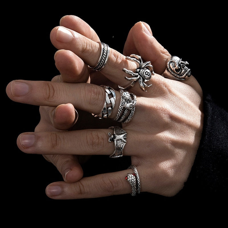 Punk Style Fashion Set Ring Men Vintage Various Shapes Street Hip Hop Finger