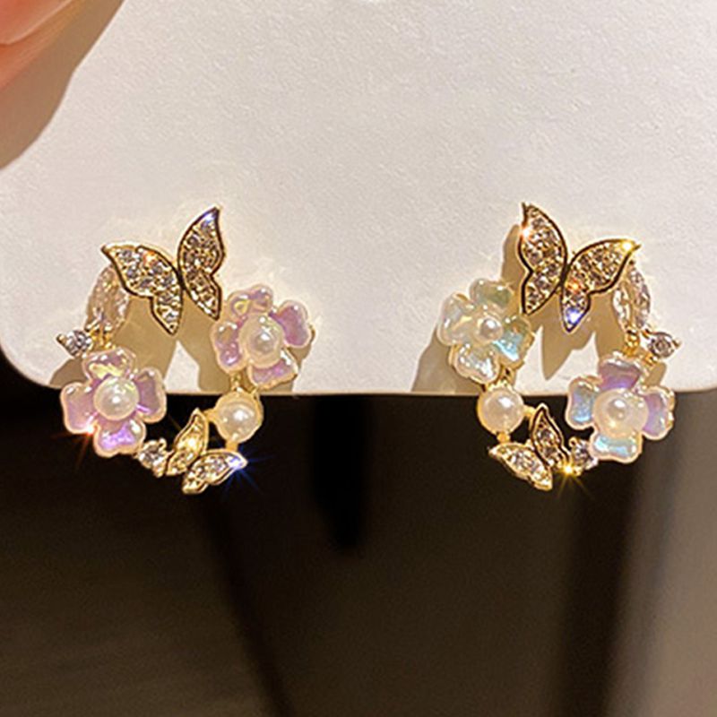 Hollow Wreath Flower Crystal Zircon Sweet Bee Butterfly Stud Earring