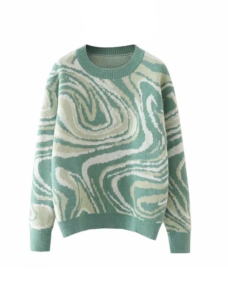 Elegant Green Tie Dye Knitted Sweater and Pullovers Women