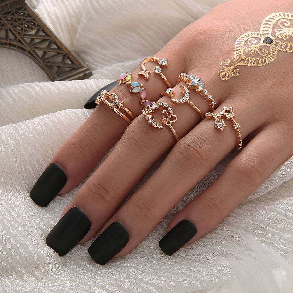 Vintage Boho Crystal Butterfly Rings Set