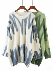 Elegant Green Striped Print Pullovers Winter O-Neck Loose Long Sweaters