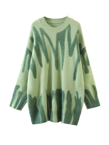 Elegant Green Striped Print Pullovers Winter O-Neck Loose Long Sweaters