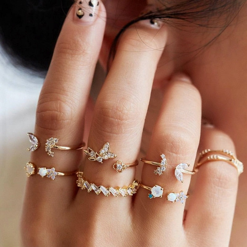 Vintage Boho Crystal Butterfly Rings Set